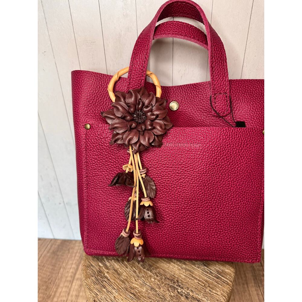 Leather Flower Purse Charm Genuine Leather Eggplant Brown Dahlia Fall Bag Charm